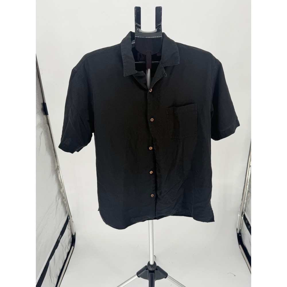 Vintage Silk Button Down Shirt Mens L Black Excellent 100% Silk Textured Camp